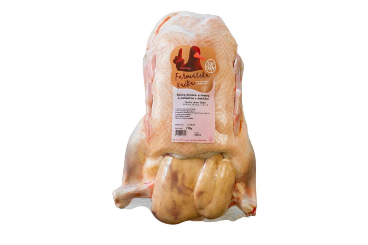 Kačica vykŕmená s pečienkou “Foie gras“ a drobkami mrazená cca 4 - 4,5 kg Top-farm